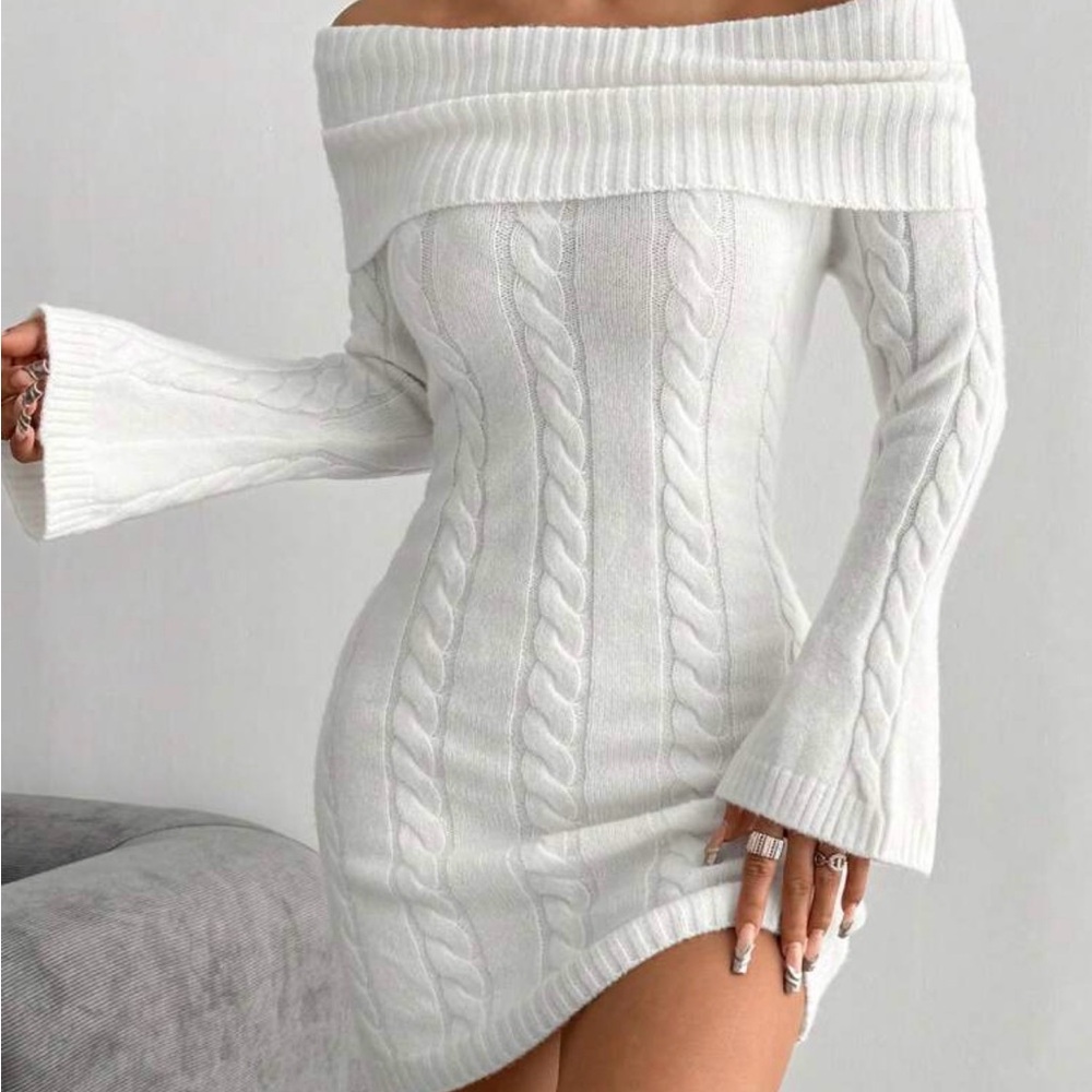Off-Shoulder White Cable Knit Sweater Dress